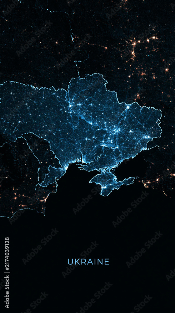 Obraz premium Leuchtende Satellitenansicht der Ukraine bei Nacht mit blauen Lichtern auf schwarzem Hintergrund, moderne Grafik für Digitalmedien