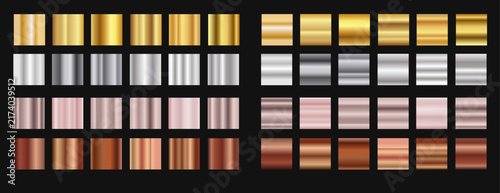 Metallic gradients collection set, gold, bronze, silver, rose gold metallic swatches for illustrator, shiny texture palette collection on dark background