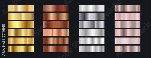 Metallic gradients collection set, gold, bronze, silver, rose gold metallic swatches for illustrator, shiny texture palette collection on dark background