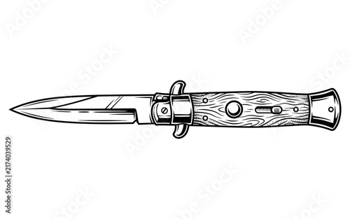 Quadro su tela Vintage switchblade knife vector illustration with wood texture handle for outlaw graphic designs