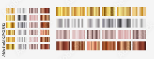 Metallic gradients collection set, gold, bronze, silver, rose gold metallic swatches for illustrator, shiny texture palette collection on dark background