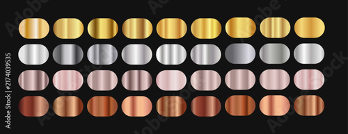 Metallic gradients collection set, gold, bronze, silver, rose gold metallic swatches for illustrator, shiny texture palette collection on dark background