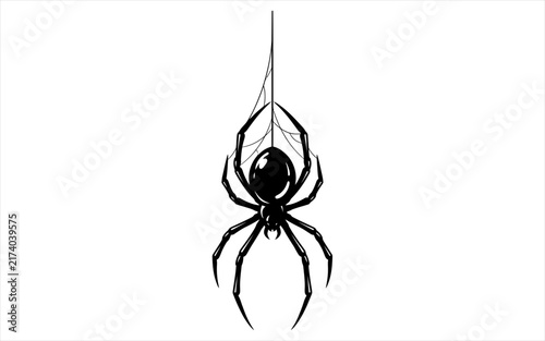 Fotografía Black widow spider hanging from silk web thread in realistic high contrast vector illustration