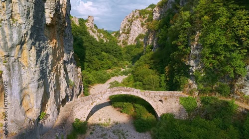 Aerial view of the Kokkorou Stone Bridge in Zagori, Epirus, Greece