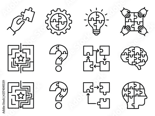 Set of twelve minimalist puzzle icons representing problem solving