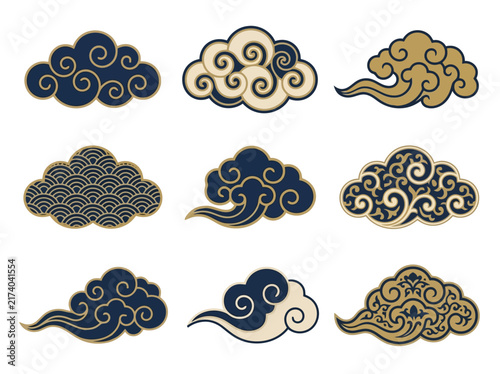Set of nine decorative oriental style cloud icons