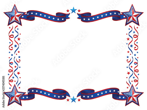 Patriotic star and ribbon frame border design on white background