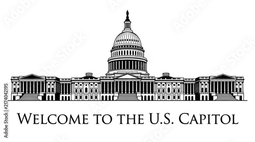 Very beautiful black and white realistic vector illustration of the United States Capitol in Washington, D.C. featuring its iconic dome and classical structure, WELCOME TO THE U.S. CAPITOL, isolated o