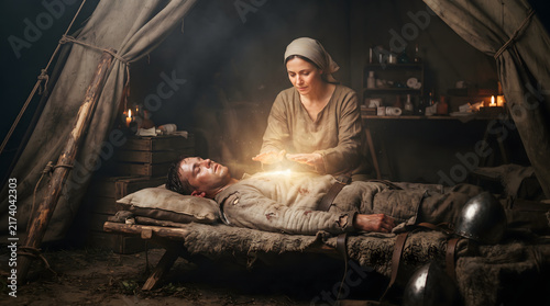A dramatic medieval fantasy scene depicting a female healer performing a miraculous laying on of hands, casting a glowing golden healing spell to cure a wounded knight inside a dark army camp tent.
