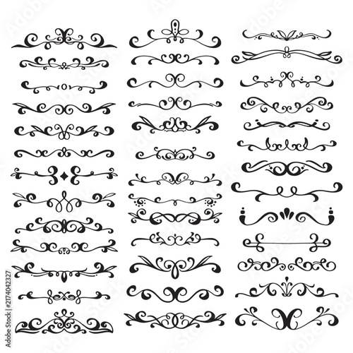Vector illustration set of dividers, flourishes, vines, ornate lines, ornament elements in vintage style. Retro elements for greeting cards, letters and logos isolated on white background.