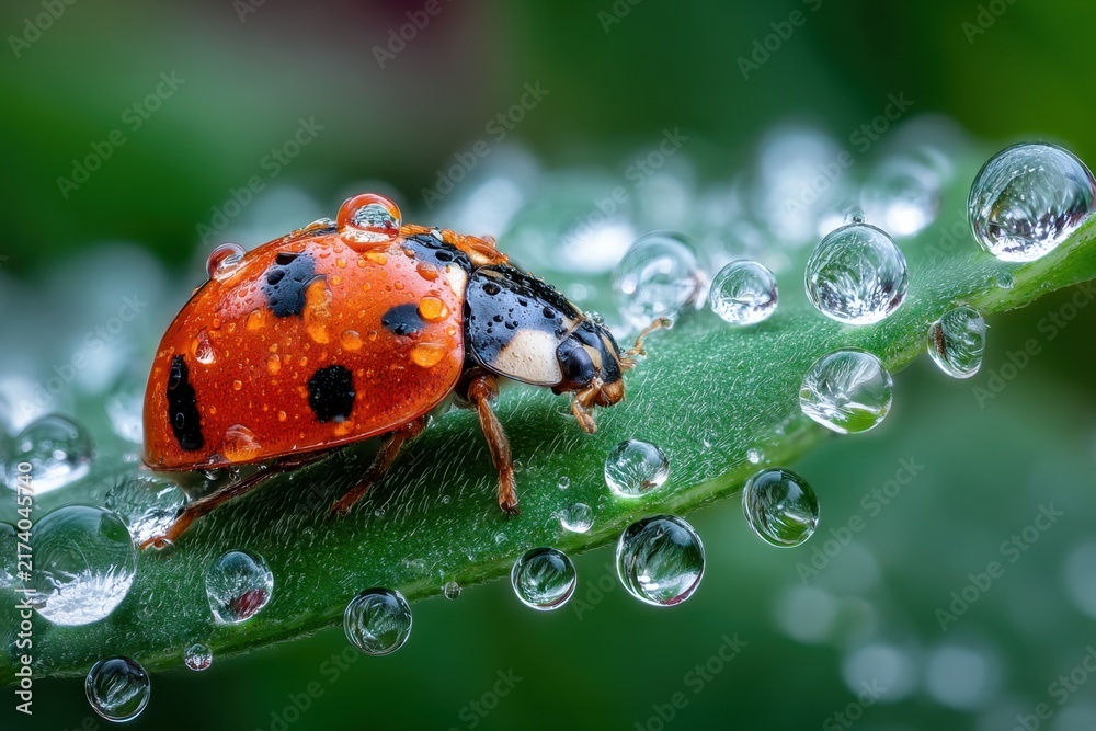 Obraz premium Ladybug on a Dewy Leaf Close Up