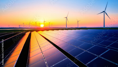 Foto Solar power farm and wind turbines during sunset with solar panel wind turbine r