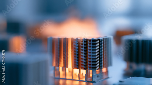 Advanced computer hardware component with metal cooling fins glowing from extreme heat dissipation during processor operation workload testing