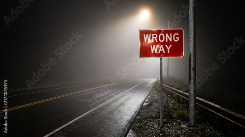 A red wrong way road sign illuminated by a street lamp on a foggy night.