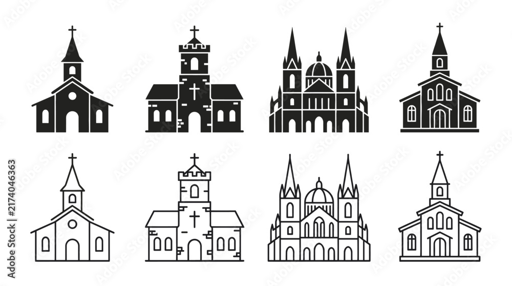 Fototapeta premium Church building icons set in solid and outline styles
