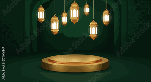 Ramadan lanterns hanging over golden stage platform