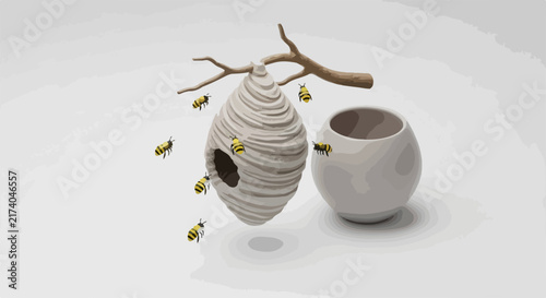 Beehive and Honey Pot with Flying Bees
