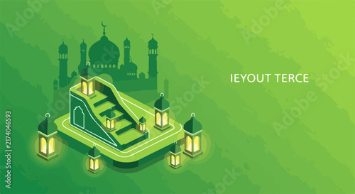 Isometric mosque illustration with lanterns and green background