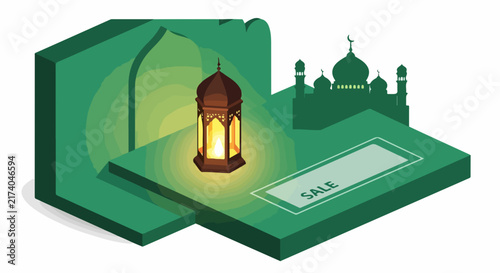 Ramadan lantern sale illustration with mosque silhouette
