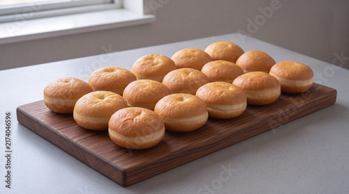 Freshly baked artisan berliner donuts on a wooden board
