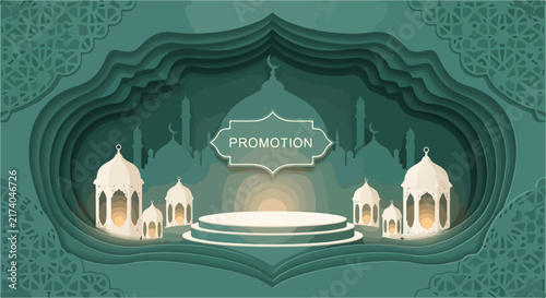Islamic promotion stage with lanterns and archway