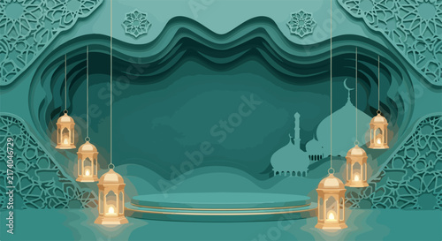 Ramadan Night Mosque Scene with Lanterns and Crescent Moon