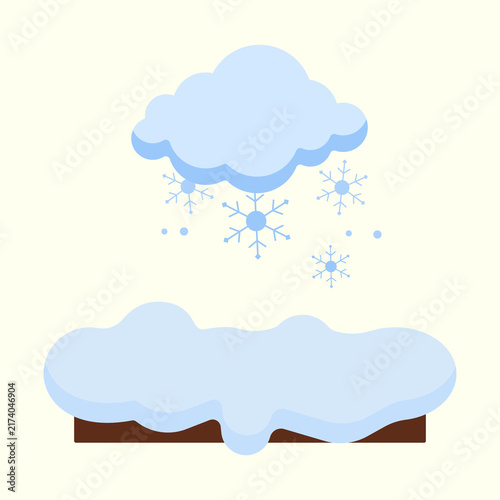 Cloud with Falling Snowflakes and Snow Caps, Winter Weather Vector Illustration