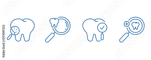 Dental Checkup and Tooth Examination Outline Icon Set with Magnifying Glass, Cavity Detection and Oral Care Vector Illustration