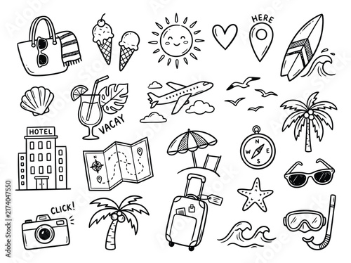Set of black and white vacation and travel themed doodle icons