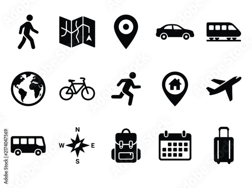 Set of travel and transportation icons on white background