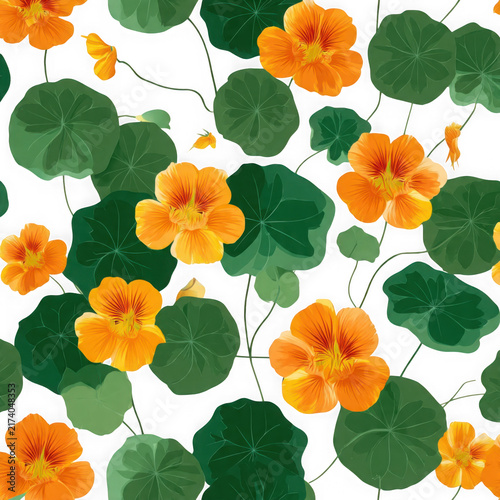 Colorful isolated orange and green flowers pattern