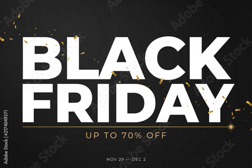 Black Friday sale promotional banner, bold white typography on dark textured background with gold confetti, retail discount advertisement for online shopping