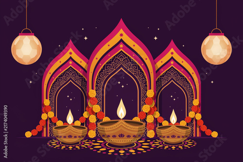 Diwali festival illustration with glowing oil lamps and hanging lanterns, ornate pink and orange temple arches on dark purple background for greeting card