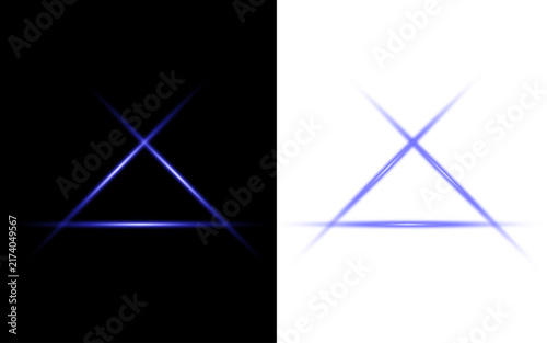 Abstract glowing triangle shape with light streaks isolated on black and white split background