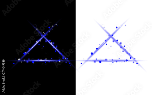 Abstract glowing triangle shape formed by particles and light trails on black and white split background