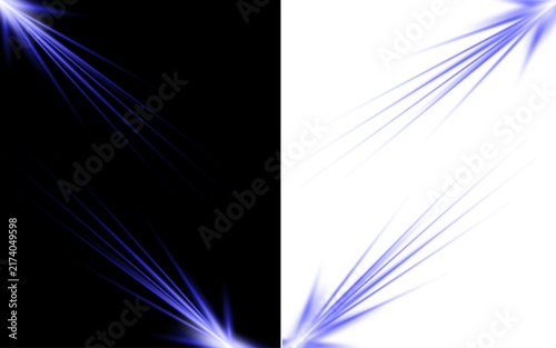 Abstract background with blue light streaks radiating from corners on a split black and white surface