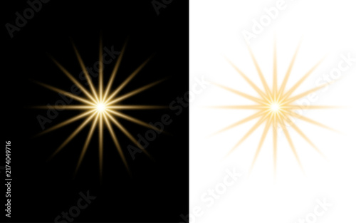 Golden starburst light effect isolated on black and white backgrounds for design and graphic overlays