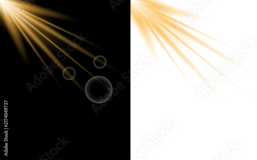 Abstract golden light rays and lens flare effect isolated on black and white background for design