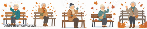Flat vector illustration of a grandma sitting on a park bench and waving, set in an autumn atmosphere with falling leaves