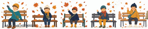 Flat vector illustration of a little boy sitting on a park bench and waving, set in an autumn atmosphere with falling leaves