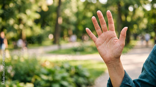 Close up of a human hand raised in a friendly waving gesture outdoors in a sunny park with natural blurred background.