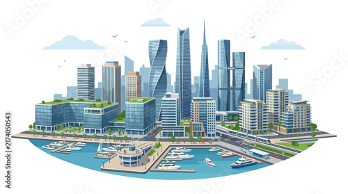 Modern city skyline illustration with waterfront, yachts, and futuristic buildings