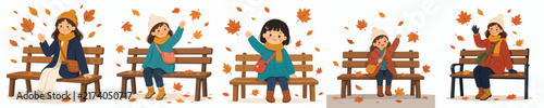 Flat vector illustration of a little girl sitting on a park bench and waving, set in an autumn atmosphere with falling leaves