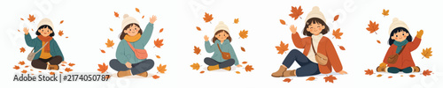 A flat vector illustration of a little girl sitting on floor waving hand, set in an autumn atmosphere with falling leaves