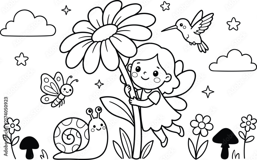 Fototapeta premium Fairytale garden coloring page with cute fairy flower snail butterfly and hummingbird