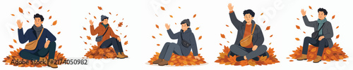 A flat vector illustration of man sitting on a pile of dry leaves and waving, set in an autumn atmosphere with falling leaves