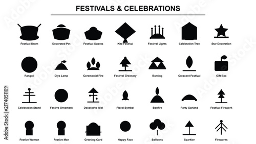 Vector web design icon set with food, travel, and lifestyle silhouettes in black