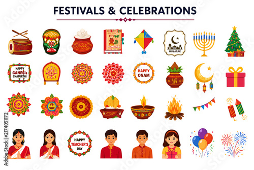 Cartoon Holiday Icon Set featuring Christmas Thanksgiving and Halloween Symbols for Kids and Children Vector Illustration
