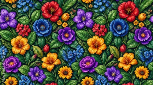 Vibrant Floral Tapestry: A rich, intricately designed tapestry bursts with an array of colorful, stylized flowers and lush green leaves, creating a captivating pattern full of life and natural beauty.
