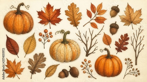 Autumn Harvest Elements: A collection of quintessential autumn symbols including pumpkins, oak leaves, maple leaves, acorns, and branches, arranged in a charming flat lay composition.